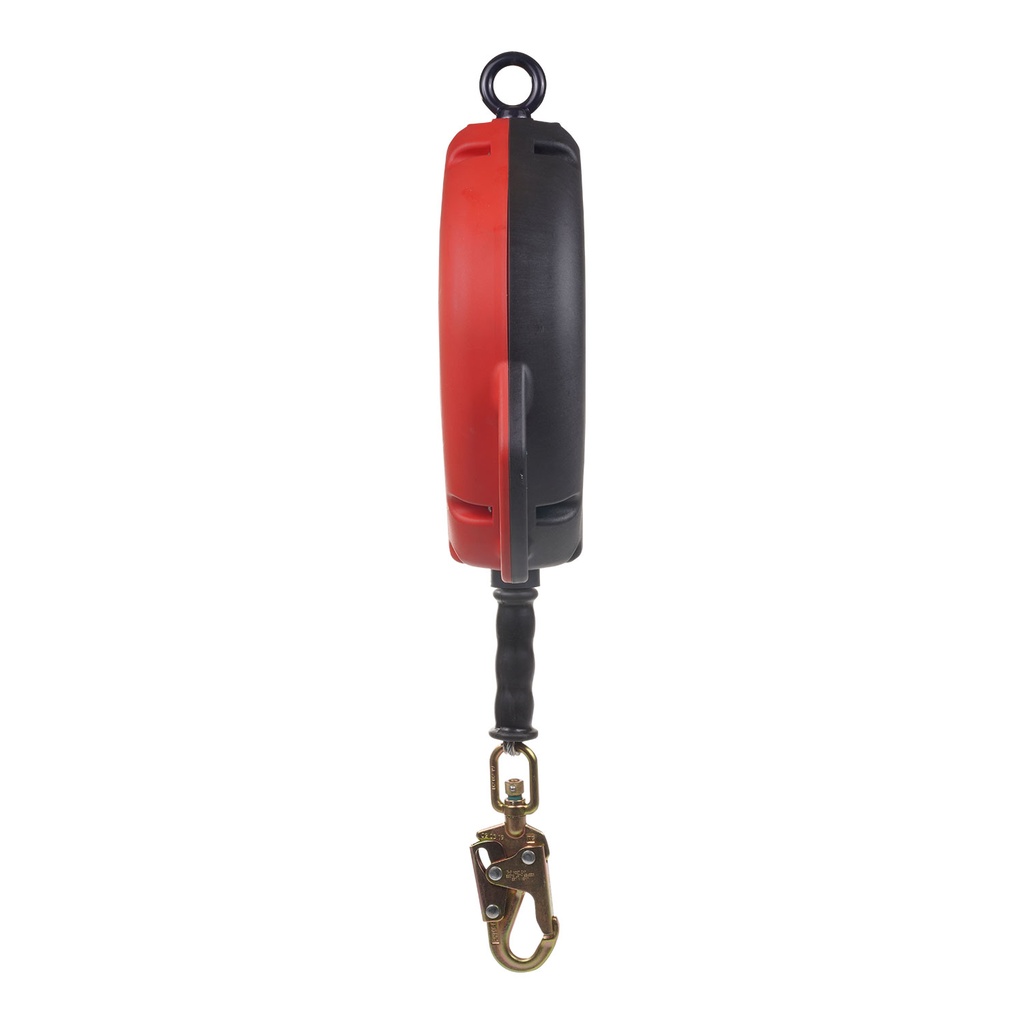 [FP-UFS310100] 100' Galvanized Steel Cable SRL, swivel eye at anchorage end, other end load indicator swivel snap hook. Includes installation carabiner and tagline