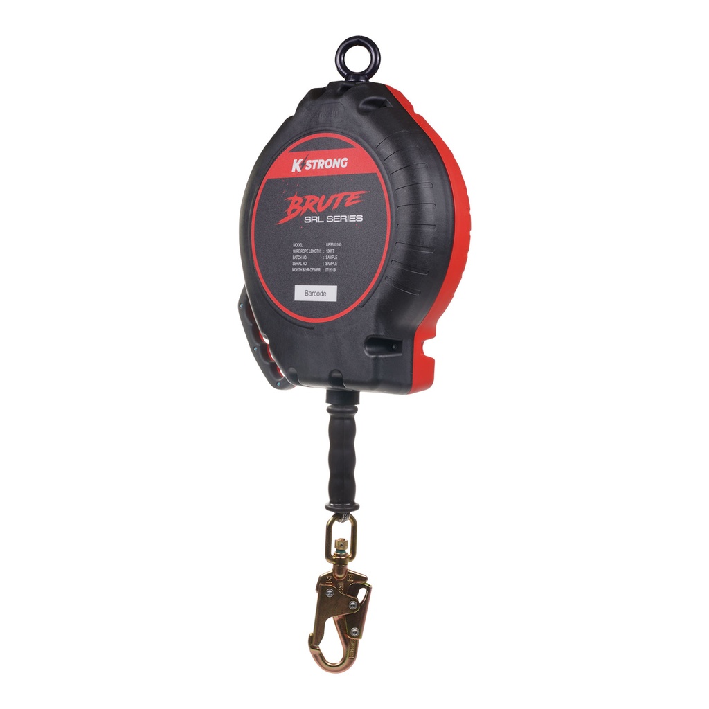 [FP-UFS310100] 100' Galvanized Steel Cable SRL, swivel eye at anchorage end, other end load indicator swivel snap hook. Includes installation carabiner and tagline