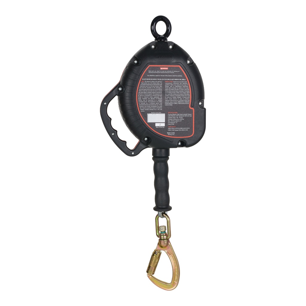 [FP-UFS310130] 30' Galvanized Steel Cable SRL, swivel eye at anchorage end, other end load indicator swivel carabiner. Includes installation carabiner and tagline