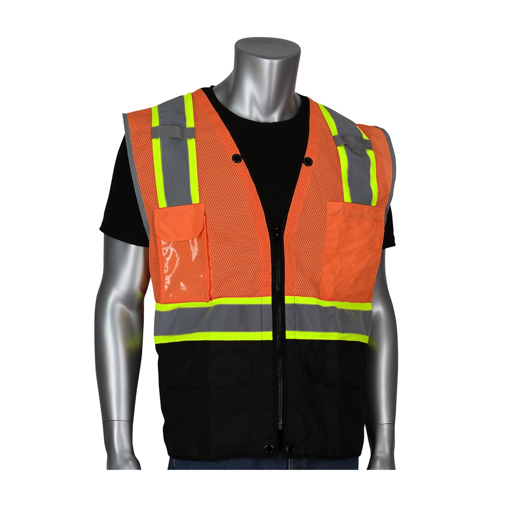 [SA-302-0650D] PIP® ANSI Type R Class 2 Two-Tone Eleven Pocket Tech-Ready Mesh Surveyors Vest with Ripstop Black Bottom Front and "D" Ring Access