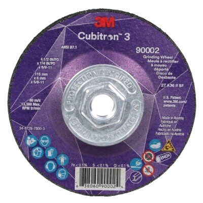 Cubitron™ 3 Depressed Center Grinding Wheel, 4-1/2 in dia x 1/4 in Thick x 5/8 in-11 Arbor, 36+ Grit, T27
