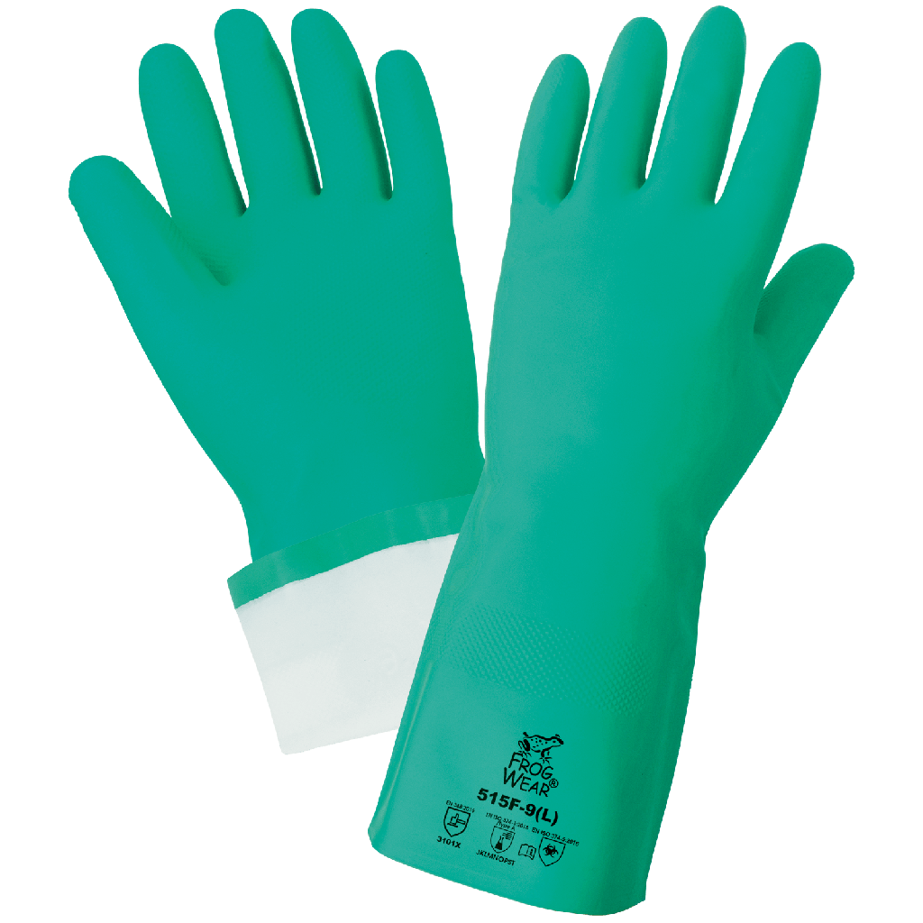 [A-515F] Flock-Lined Nitrile Unsupported Green Nitrile Gloves with Raised Diamond Pattern Grip