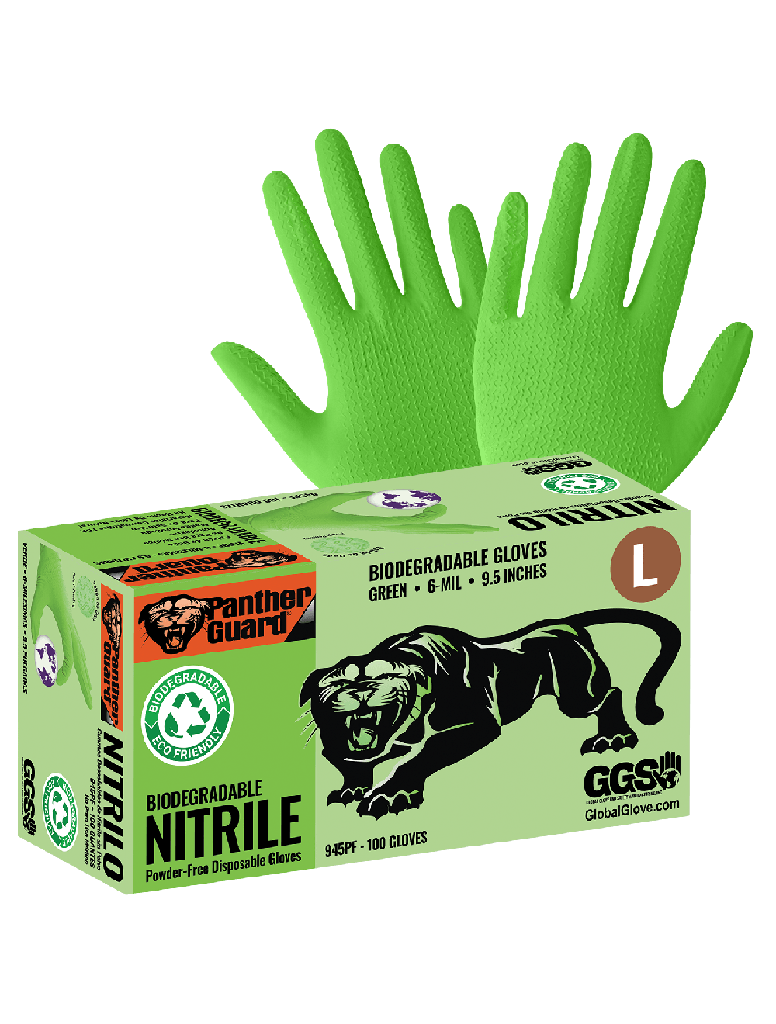 [A-945PF] Panther-Guard® Biodegradable Nitrile, Powder-Free, Industrial-Grade, High-Visibility Green, 6-Mil, Unique Wave Pattern, 9.5-Inch Disposable Gloves