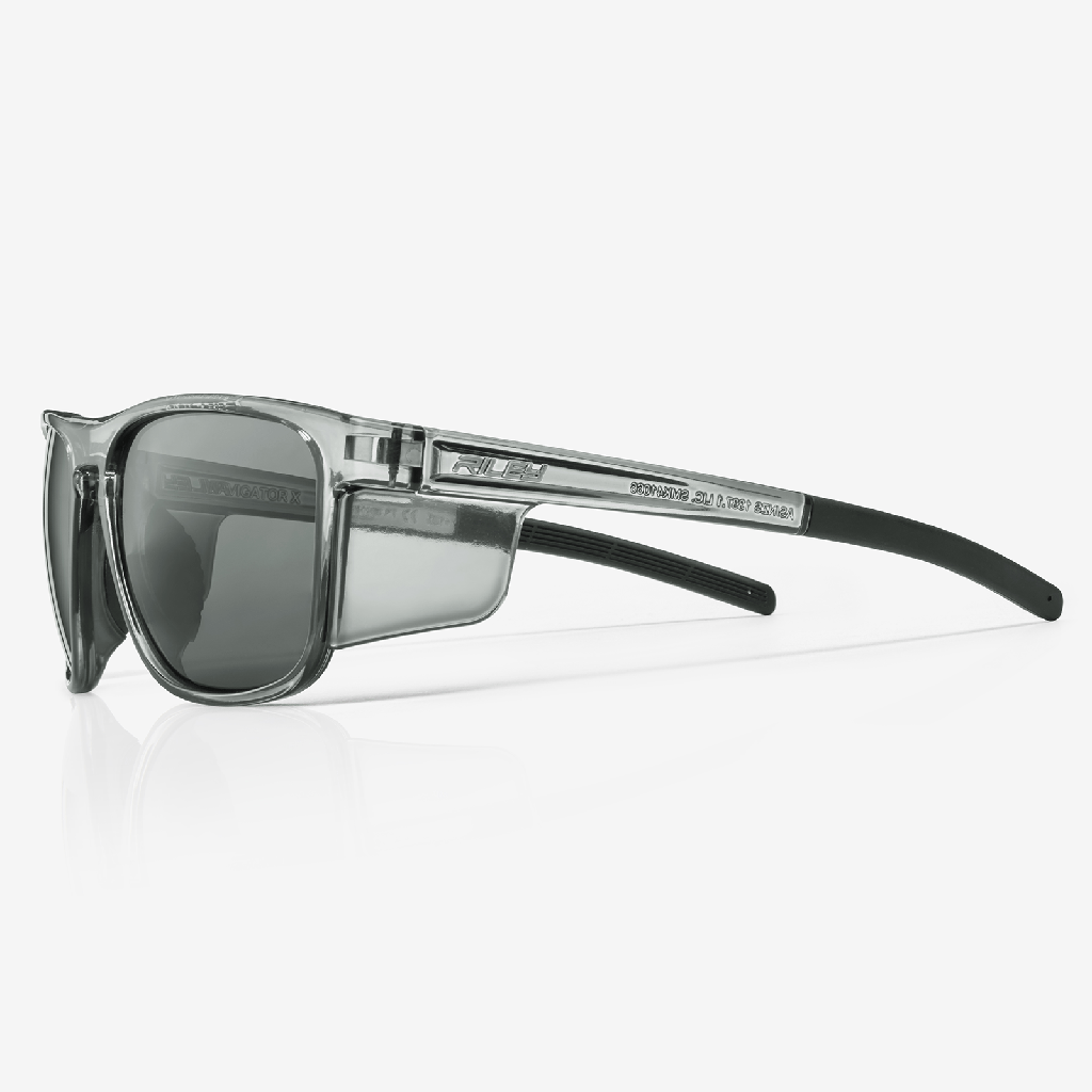 Navigator X safety Glass, Gray full frame, Gray temples and side shields, with dark gray TPE Temple ends, gray anti-fog lens with tecton 400, UV400 and a moisture repellant coating, soft adjustable nose piece. micro fiber carrying pouch included.