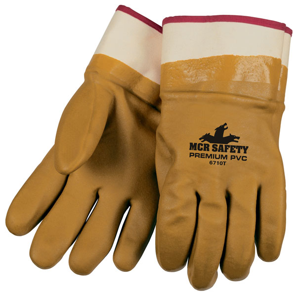 Tan PVC Glove, Double Dipped, Foam Lined, Safety Cuff