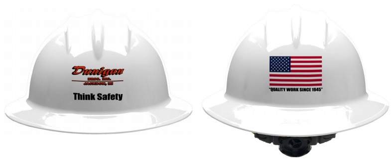 White Classic Full Brim Hard Hat, 6 Pt. Ratchet Suspension, with Dunigan Logo on Front and US Flag on Back "QUALITY WORK SINCE 1945"