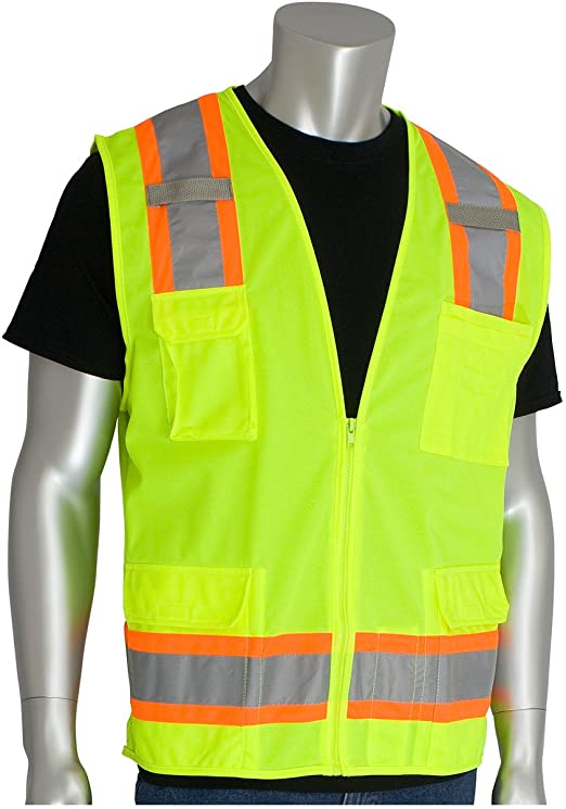 [SA-302-0500] Class 2 Two-Tone Eleven Pocket Surveyors Vest with Solid Front and Mesh Back