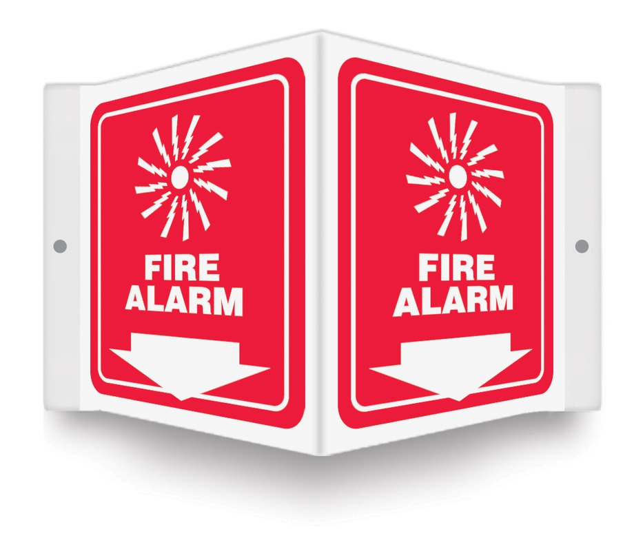 Projection Safety Sign, Fire Alarm Graphic & Down Arrow, 45 Degree Angle To Be Viewed From Front & Side, 6" X 5"