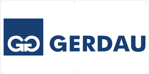 Custom Sign "Gerdau" 24H X 48W Rectangle Horizontal Navy Blue on White FB-X Accu-Shield "GG Logo Gerdau"