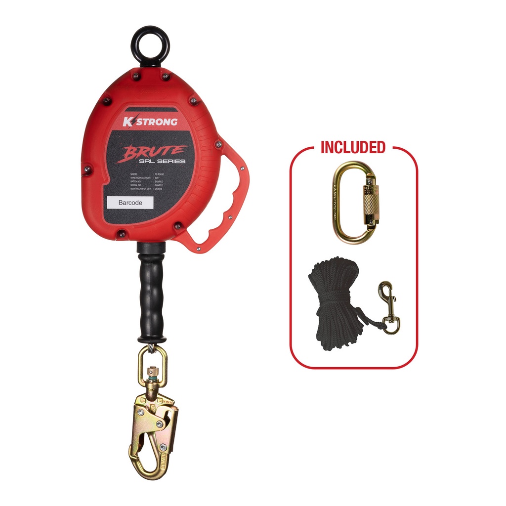 [FP-UFS310030] 30' Galvanized Cable SRL, swivel eye at anchorage end, other end load indicator swivel snap hook. Includes installation carabiner and tagline