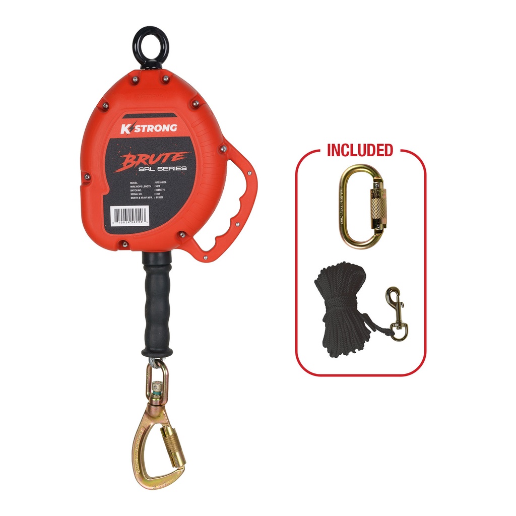 [FP-UFS310130] 30' Galvanized Steel Cable SRL, swivel eye at anchorage end, other end load indicator swivel carabiner. Includes installation carabiner and tagline