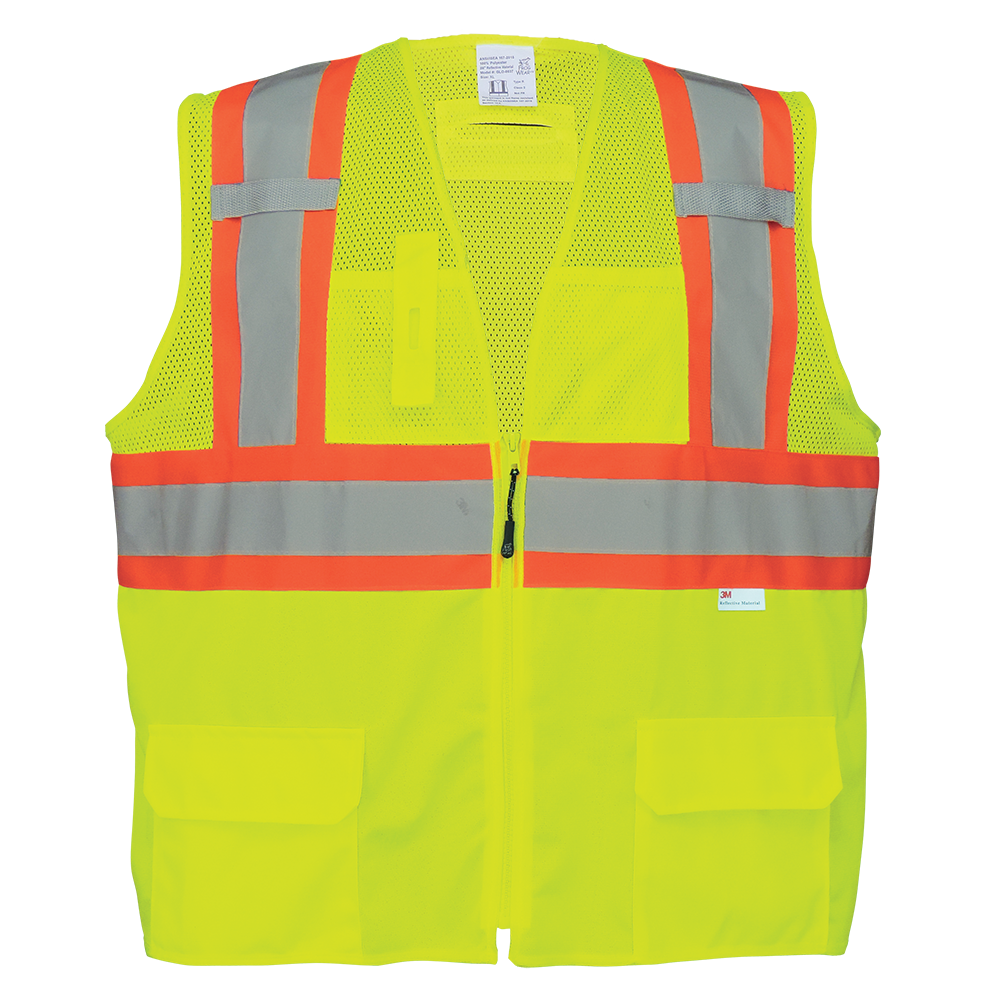 [SA-SV2230-2T] High-Visibility Solid and Mesh Polyester Surveyors Safety Vest
