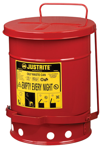 6 Gallon, Steel Oily Waste Can, Hands-Free, Self-Closing Cover, Red - 09100