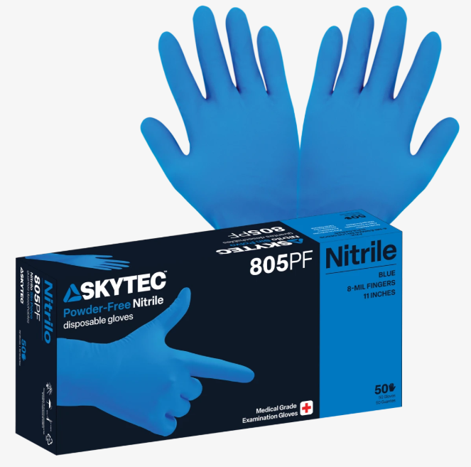 [A-805PF] Skytec Heavyweight Nitrile, Powder-Free, Examination-Grade, Blue, 8-Mil, Textured Fingertips, 11-Inch Disposable Gloves