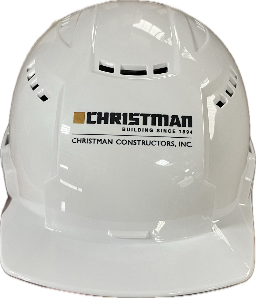 Milwaukee Safety Helmet, White, Vented, Class C, Christman Logo