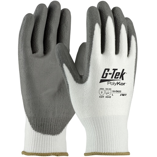 [A-16-D622] G-Tek® PolyKor®White 13 Gauge Seamless Knit with Gray PU Palm Coating