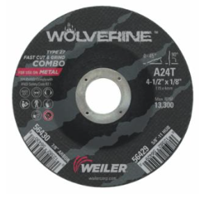 [IP-56430] [IP-56430] Wolverine® Combo Wheel, 4 1/2 in Dia, 1/8 in Thick, 7/8 in Arbor, 24 Grit, R